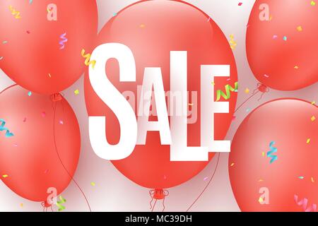 Banner for super sale. Flying red balls with multi-colored confetti. Paper chaotic white letters. Special offer, big discounts. Vector illustration. E Stock Vector