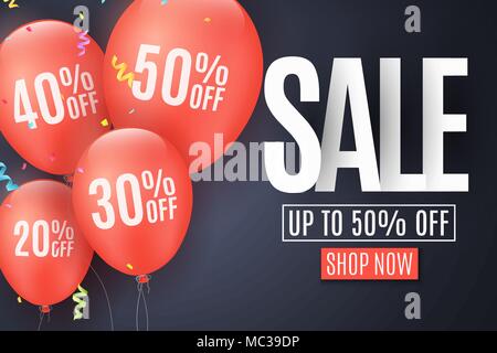 Banner for super sale. Flying red balls with multi-colored confetti on a dark background. Paper chaotic white letters. Special offer, big discounts. V Stock Vector