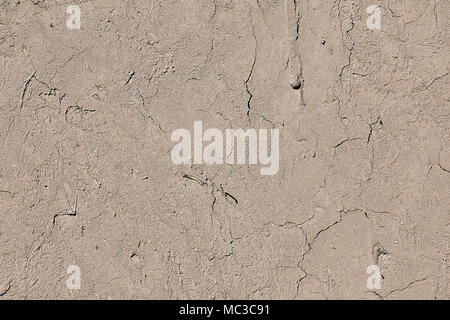 Horizontal surface with small cracks, plaster on wall of house or fence, clay mixed with straw, texture for background. Stock Photo