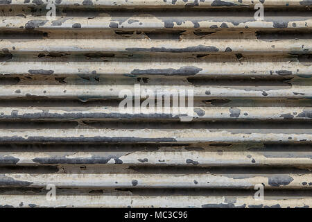 Painted metal roller shutters door with peeling paint dirty white hue, background texture. Stock Photo