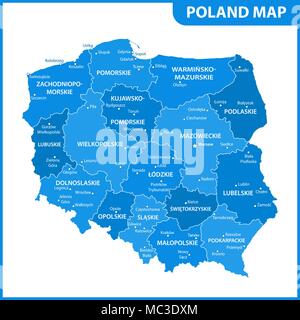 The detailed map of Poland with regions or states and cities, capitals. Administrative division Stock Vector