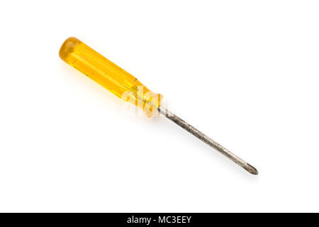 old dirty screwdriver with yellow plastic handle, isolated on white Stock Photo
