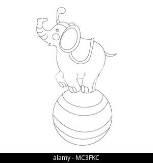 Cut elephant on the big ball in a circus arena vector outline doodle style Stock Vector