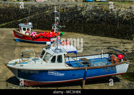 Fishing boat and fishing trip launch in The Harbour, Boscastle, Cornwall, UK. Sitting on mud at low tide. Fishing trips book at the rock shop sign Stock Photo