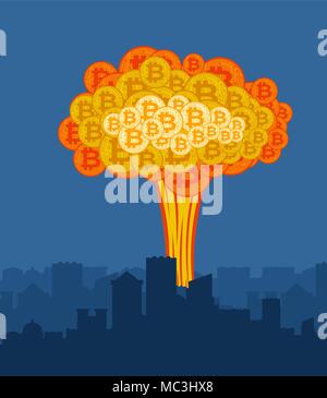 Bitcoin explosion in city. Big cloud of crypto currency. Stock Vector