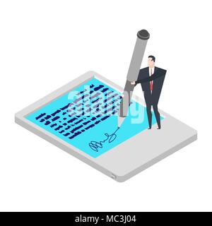 Electronic signature tablet. Little Businessman and Big Pen. Props of electronic document. Isometric style Stock Vector