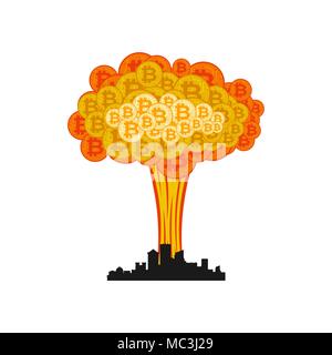 Bitcoin explosion in city. Big cloud of crypto currency. Stock Vector
