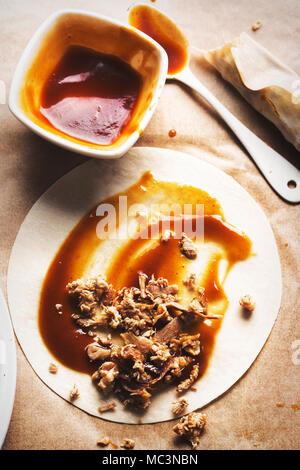 Beijing style duck pancakes with hoisin sauce Stock Photo