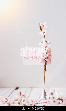 Wild cherry flowers and note holder with 'good morning' text, on white wooden background Stock Photo