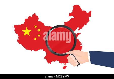 China map with flag and a hand holding a magnifying glass. Stock Vector