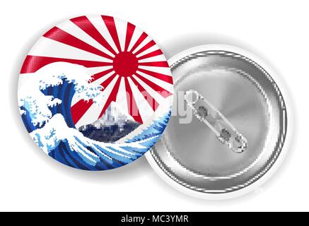 japan sea wave mt.fuji on rising sun flag brooch Stock Vector