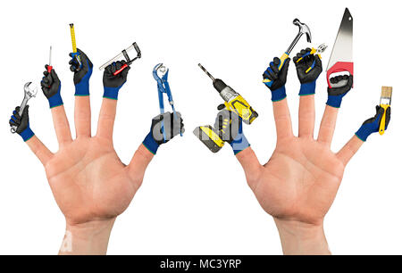 creative abstract diy handyman concept two hands with working gloves and tools on fingers isolated on white background Stock Photo