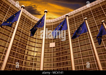 EU flags in front of European Commission building in Brussels