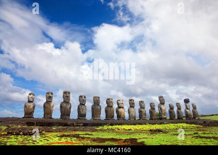 Fifteen moai standing at Ahu Tongariki, Easter Island, Chile.