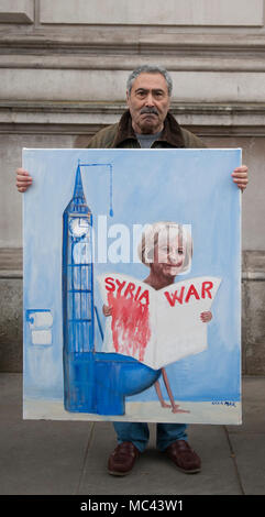 Downing Street, London, UK. 12 April 2018. Political artist Kaya Mar in Whitehall as Ministers called from recess for a special cabinet meeting discussing response to chemical attack in Syria. Credit: Malcolm Park/Alamy Live News. Stock Photo