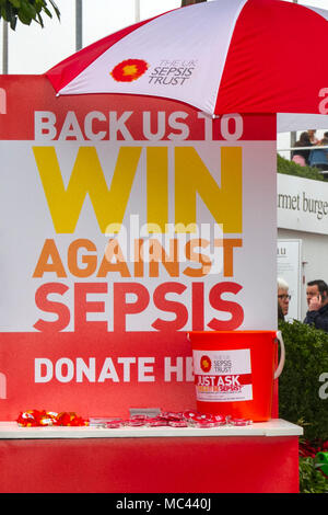 Donation point for Win Against Sepsis at the Randox Health Grand National, Aintree, Liverpool, Merseyside. 12th April 2018.  The most famous event in the horse racing calendar welcomes people on this very special parade of Ladies' outfits & the finest female fashions.  Racegoers have been urged to 'smarten up' to make the event more ‘aspirational’ as thousands of glamorous women pour through the entry gates on the one and only 'Grand National' as up to 90,000 visitors are expected to attend the spectacular National Hunt Racing event. Stock Photo