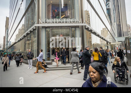 New York, USA. 12th Apr, 2018. Shoppers outside the new Nordstrom Men's Store in Midtown Manhattan in New York on its grand opening day, Thursday, April 12, 20187. The three-story 47,000 square feet store is directly across from the future women's store opening in 2019. The store is Nordstrom's first-ever New York store although it already has two Nordstrom Rack off-price stores. Credit: Richard Levine/Alamy Live News Stock Photo