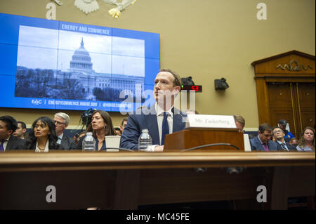 April 11, 2018 - Washington, District of Columbia, United States of America - Mark Zuckerberg, Co-Founder and CEO of Facebook, testifies before a meeting of the United States House Committee on Energy and Commerce during a hearing on ''Facebook: Transparency and Use of Consumer Data,'' on Capitol Hill in Washington, DC on Wednesday, April 11, 2018..Credit: Ron Sachs / CNP. (Credit Image: © Ron Sachs/CNP via ZUMA Wire) Stock Photo