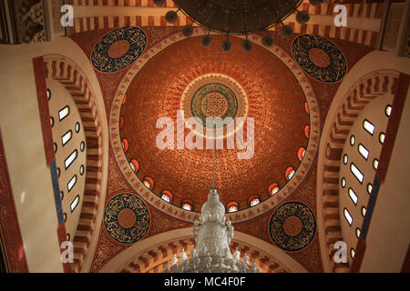 Beirut, Lebanon, 17.05.2014: Stunning Interior of a lebanese Mosque in Beirut. Featuring incredible islamic letter art and a majestic chandelier. Stock Photo