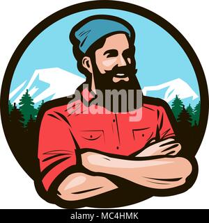 Happy woodcutter, lumberjack with arms crossed on chest. Cartoon vector illustration Stock Vector