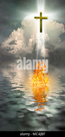 Cross Hangs in Sky over Water with Fire Burning on Waters Surface Stock Photo