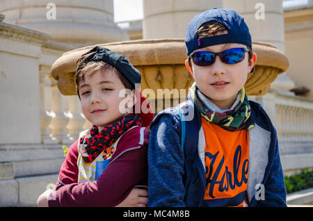 Two young brothers pose for a portrait while on holiday. Stock Photo