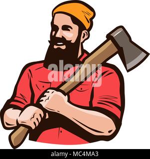 Lumberjack, axeman with axe in hands. Carpentry, woodworker, sawmill concept. Cartoon vector illustration Stock Vector