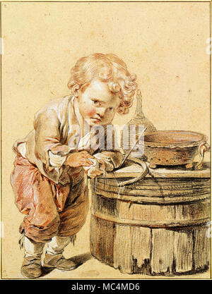 Jean-Baptiste Greuze, Boy with a Broken Egg. Circa 1756 Black and white chalk on brown paper. Albertina, Vienna, Austria. Stock Photo