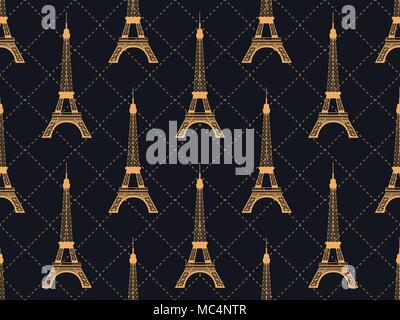 Art deco seamless pattern with eiffel tower. Gold color. Places of interest in Paris, France. Style of the 1920s - 1930s. Vector illustration Stock Vector