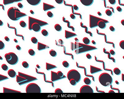 Memphis seamless pattern with glitch effect. Geometric elements memphis in the style of 80's. Vector illustration. Stock Vector