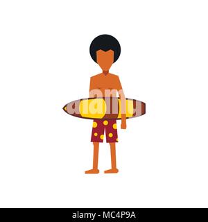 Surfer man holding yellow surfboard icon Stock Vector