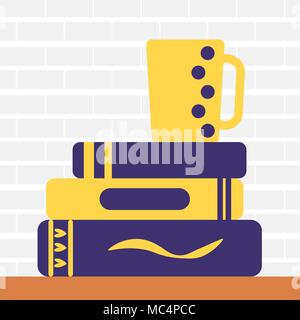 Colored line icon of pile of books and tea I love reading concept for libraries, book stores and schools. Vector illustration isolated. Stock Vector