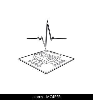 CPU with a heart beat icon, outline style Stock Vector