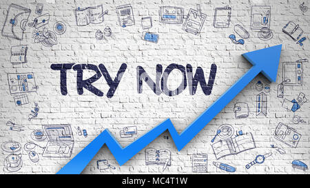 Try Now Drawn on White Brickwall. 3d Stock Photo