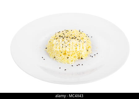 Long grain rice with white and black sesame cooked portion of side dish on a plate on a white isolated background Side view. Appetizing dish for the m Stock Photo
