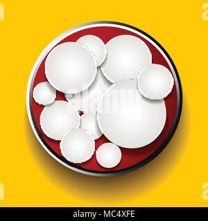 3D Illustration of White Circles in a Red Metallic Border Over Yellow Background Stock Vector