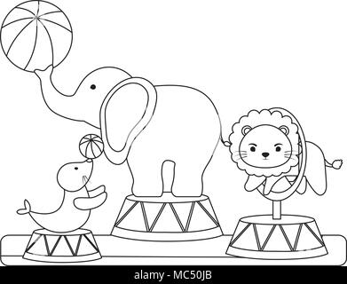 Black Outlined Lined Drawing of Circus Animals for Children's