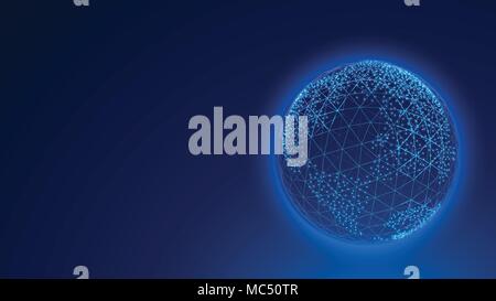 Globe earth on blue technology background. wireframe, line and light dots. Global communications future concept. Stock Vector