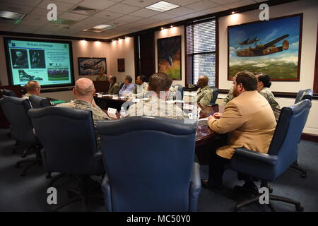 David Allen, legislative assistant for Congressman Steven Palazzo, receives an 81st Training Wing mission brief at the headquarters building during a visit Jan. 26, 2018, on Keesler Air Force Base, Mississippi. Allen visited Keesler to learn more about the base and on-going construction projects that impact the local community, like the Division Street Gate which will begin construction this summer. (U.S. Air Force photo by Kemberly Groue) Stock Photo