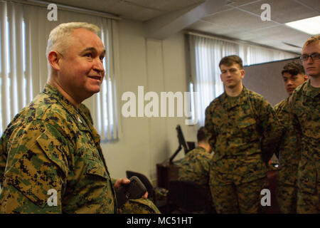 Col. Ricardo Martinez, chief of staff, Marine Air Ground Task Force Training Command, Marine Corps Air Ground Combat Center, speaks to Marines with the Fleet Assistance Program at the opening of the Tax Center aboard MCAGCC, Jan. 29, 2018. The Tax Center offers free assistance to Marines during Tax season. (U.S. Marine Corps photo by Pfc. Rachel K. Porter) Stock Photo