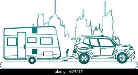 SUV truck towing trailer at city on blue lines Stock Vector