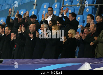 MANCHESTER, ENGLAND - APRIL 10: Former players Gary Macalister, Ian Rush and Kenny Dalglish applaud the teams during the Champions League quarter final second leg match between Manchester City and Liverpool at the Etihad Stadium on April 10, 2018 in Manchester, United Kingdom. Stock Photo