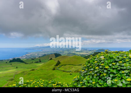 landscape view over Miradouro da Grota do Inferno, in Sao Miguel, Azores Portugal Stock Photo