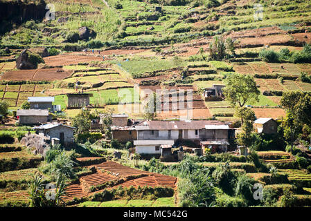 Horizontal view of the small village in the tea plantations in Nuwara Eliya, Sri Lanka. Stock Photo