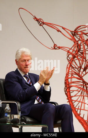 former US President Bill Clinton  at  Queen's University Belfast, Tuesday, April 10th, 2018. Tuesday marks 20 years since politicians from Northern Ireland and the British and Irish governments agreed what became known as the Good Friday Agreement. It was the culmination of a peace process which sought to end 30 years of the Troubles. Two decades on, the Northern Ireland Assembly is suspended in a bitter atmosphere between the two main parties. Stock Photo