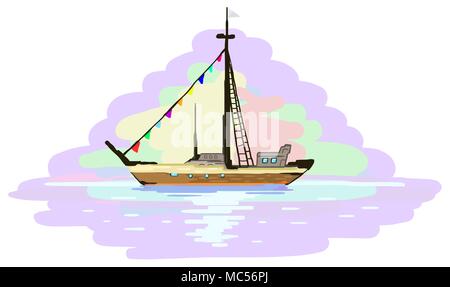 Boat voyage painting fragment, vector illustration, horizontal, isolated Stock Vector
