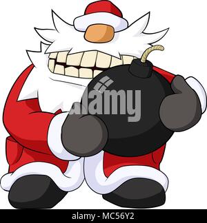 Christmas celebration humorous cartoon, Santa holding big bomb, vector Stock Vector