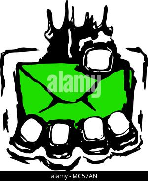 Mail grasp symbol ink design vector, over white, isolated Stock Vector