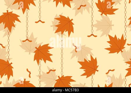 Maple leaves and seeds falling, seamless texture pattern, vector illustration, horizontal, over white Stock Vector