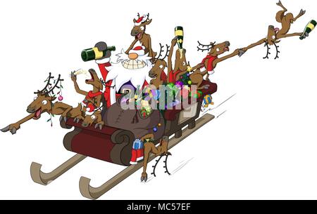 Christmas party celebration humorous cartoon, reindeer sleigh ride Stock Vector